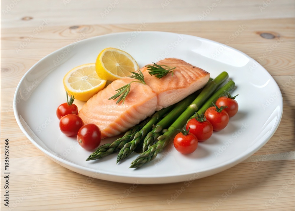 Fried salmon steak with cooked green asparagus, cherry tomatoes and lemon slices served on white plate on wooden table Fried salmon steak with cooked green asparagus, cherry tomatoes and lemon slices served on white plate on wooden table