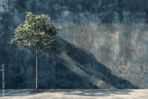 A Small Tree Standing Alone Against a Weathered Concrete Wall
