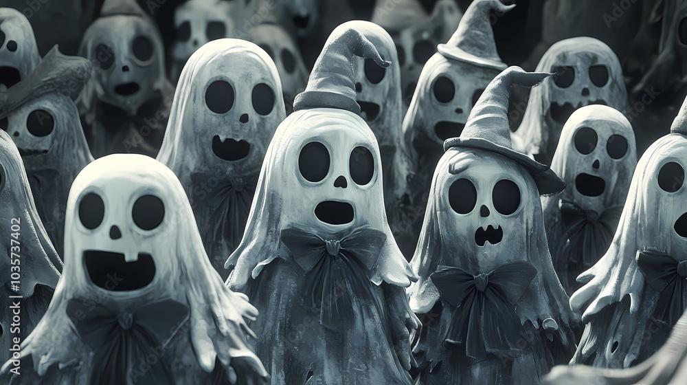 Whimsical ghost figures adorned with hats, evoking a playful Halloween spirit. Whimsical ghost figures adorned with hats, evoking a playful Halloween spirit.
