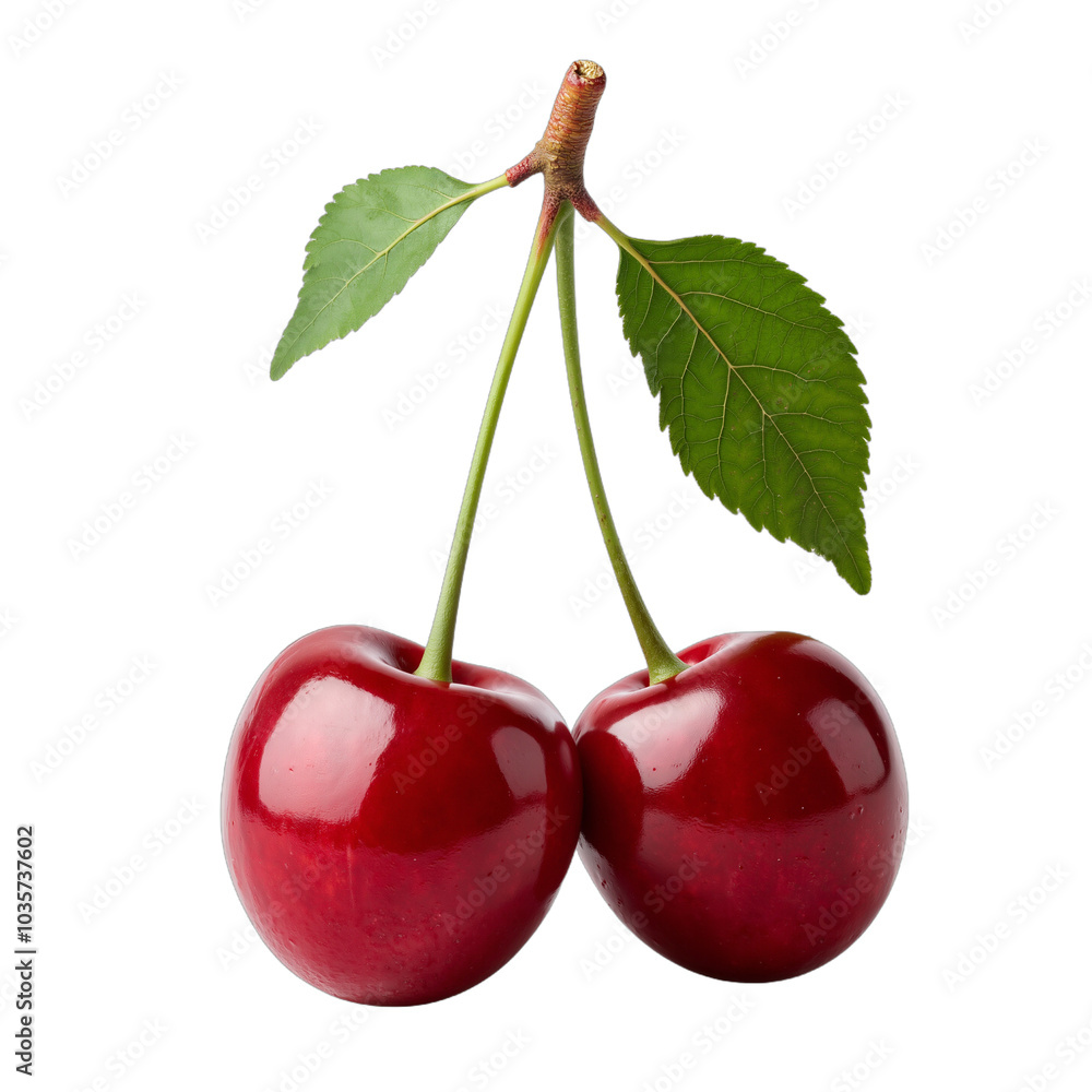 Cherries with green leaves isolated on transparent background Cherries with green leaves isolated on transparent background