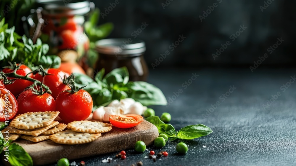 Juicy tomatoes, fresh herbs, vibrant greens, and crisp crackers on a wooden board create an inviting and wholesome culinary scene perfect for stock imagery. Juicy tomatoes, fresh herbs, vibrant greens, and crisp crackers on a wooden board create an inviting and wholesome culinary scene perfect for stock imagery.