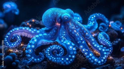 Vibrant Blue Octopus with Swirling Tentacles Underwater