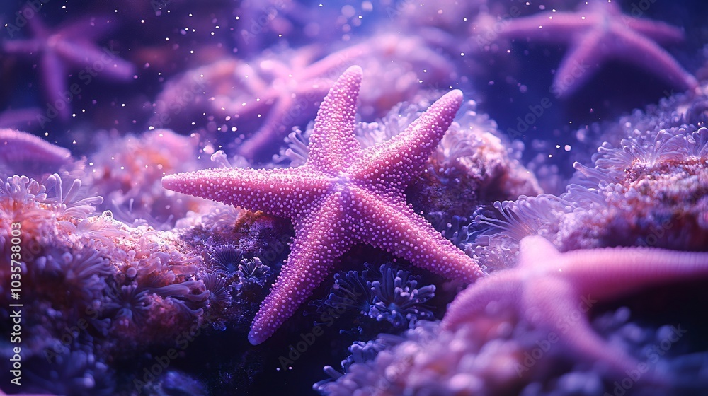 Glowing Pink Sea Stars in Purple Ocean Depths Glowing Pink Sea Stars in Purple Ocean Depths