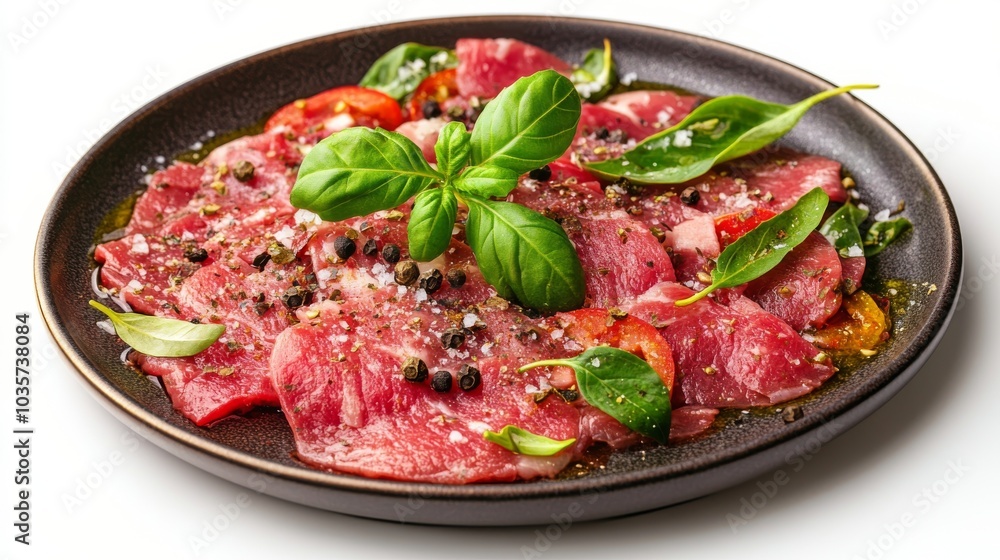 front view Carpaccio with spices on white background isolated front view Carpaccio with spices on white background isolated