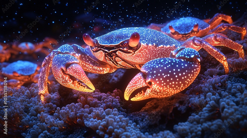 Bright Bioluminescent Crabs in Blue Coral Reef Bright Bioluminescent Crabs in Blue Coral Reef
