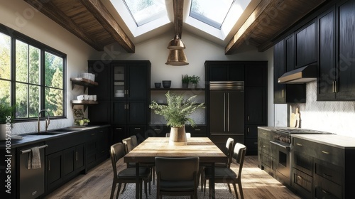 Bright kitchen with oak ceiling beams, black cabinets, and a skylight. The modern farmhouse design is completed with a vase of greenery on the dining table.