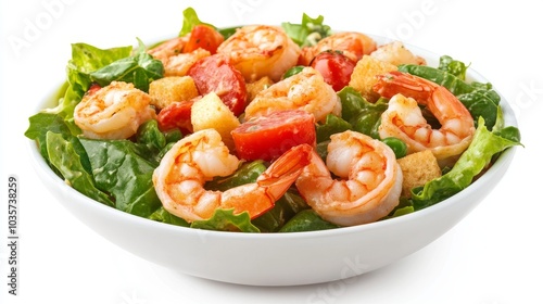 front view shrimp Caesar salad on white background isolated