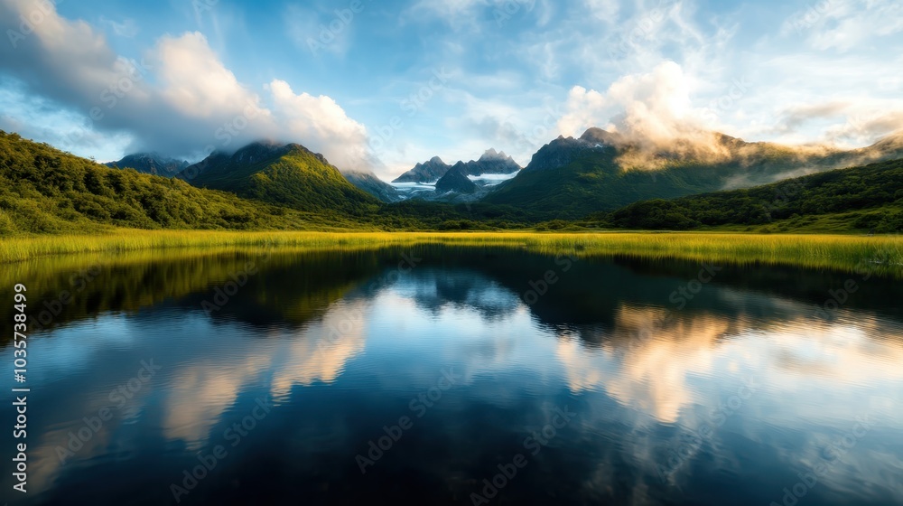 A breathtaking landscape featuring a tranquil lake reflecting majestic mountains under a cotton-like cloud-strewn sky, evoking a sense of serene beauty and peace. A breathtaking landscape featuring a tranquil lake reflecting majestic mountains under a cotton-like cloud-strewn sky, evoking a sense of serene beauty and peace.