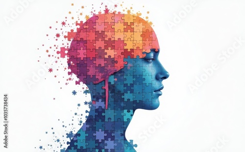 head of the puzzle, Girl face Made Of Puzzle In White background . silhouette of a person