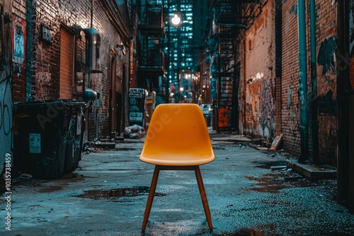 Yellow Chair in a Graffiti-Covered Alleyway photo