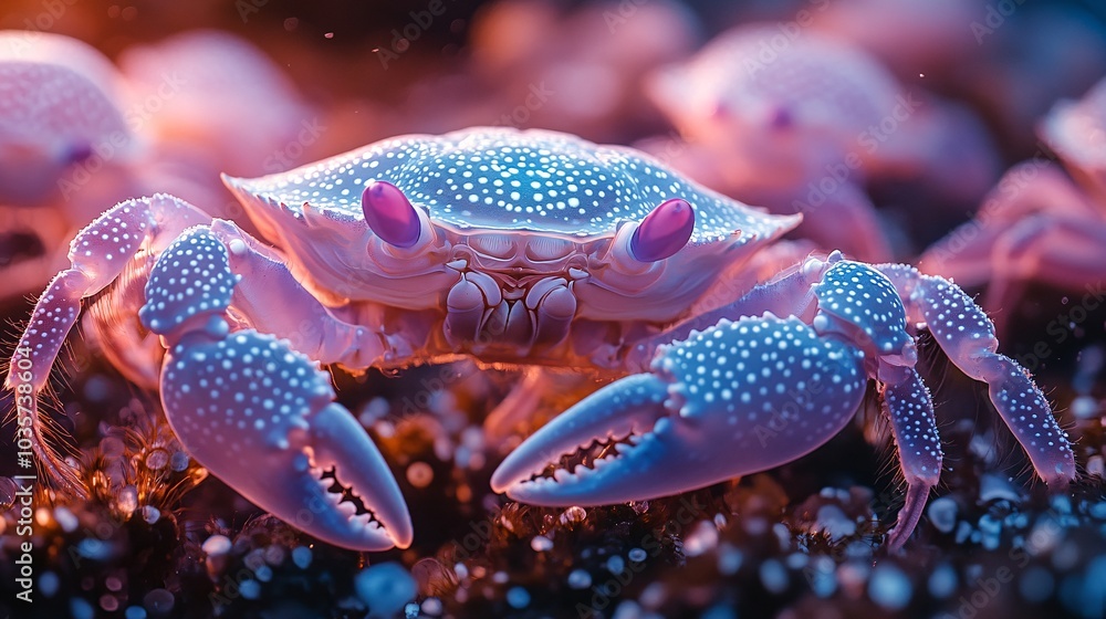 Radiant Glowing Crabs with Blue Jellyfish Background Radiant Glowing Crabs with Blue Jellyfish Background