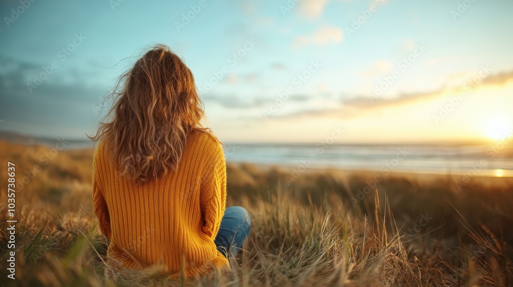 Obraz premium A woman sits peacefully, wrapped in thoughts, gazing at the vast ocean under a breathtaking sunset, the sky painted with hues of orange and pink, evoking tranquility.
