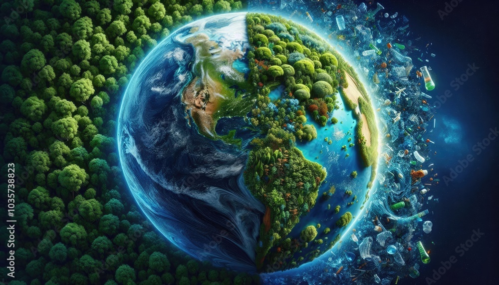 Planet Earth Divided: One Half Lush and Vibrant with Nature, the Other Overwhelmed by Plastic Waste, Highlighting the Contrast Between Environmental Preservation and Pollution
