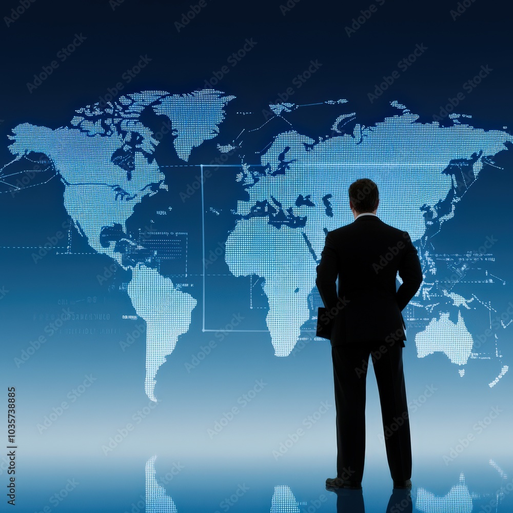 A businessman stands in front of a digital world map, analyzing global data trends. The silhouette represents modern analytics and strategic decision-making in business. A businessman stands in front of a digital world map, analyzing global data trends. The silhouette represents modern analytics and strategic decision-making in business.