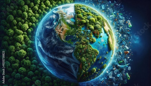 Obraz na płótnie Planet Earth Divided: One Half Lush and Vibrant with Nature, the Other Overwhelmed by Plastic Waste, Highlighting the Contrast Between Environmental Preservation and Pollution w salonie