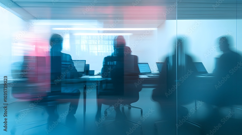 Blurred Silhouettes of People Working on Laptops in an Office