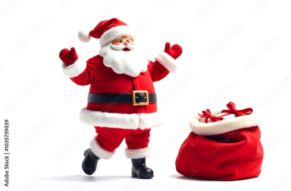 Santa Claus in a red suit joyfully stands with open arms next to a large festive bag filled with colorful presents aganist white background Santa Claus in a red suit joyfully stands with open arms next to a large festive bag filled with colorful presents aganist white background