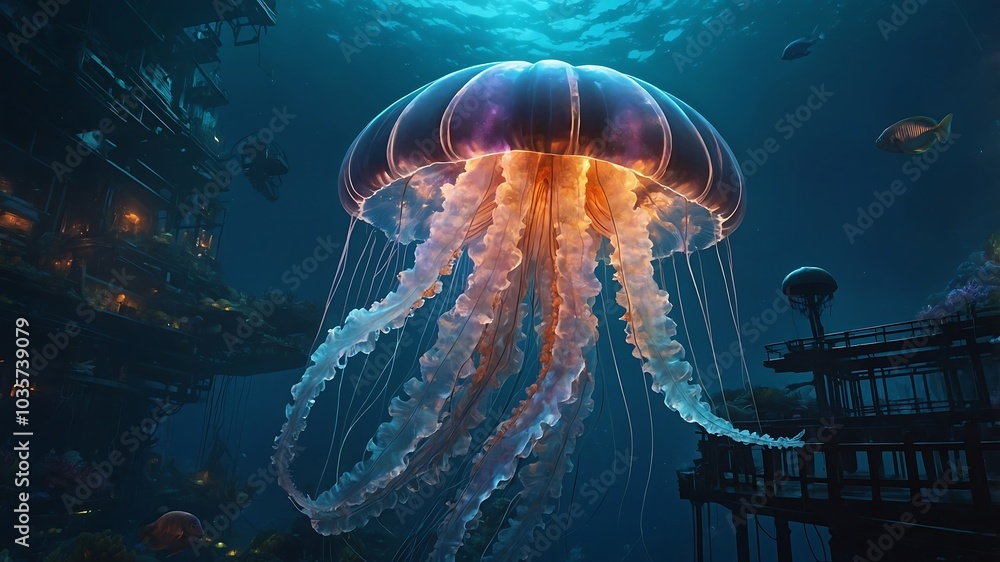Blue light and energy in space with underwater smoke and x-ray jellyfish design Blue light and energy in space with underwater smoke and x-ray jellyfish design