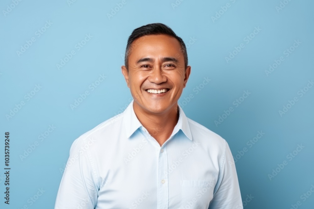 Portrait of happy asian man looking at camera against blue background Portrait of happy asian man looking at camera against blue background