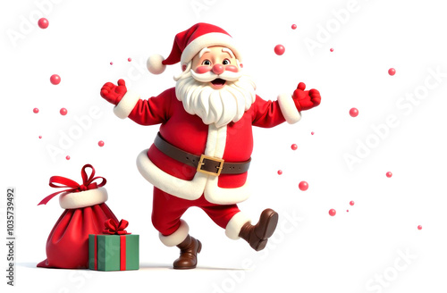 Santa Claus in a red suit joyfully stands with open arms next to a large festive bag filled with colorful presents aganist white background photo