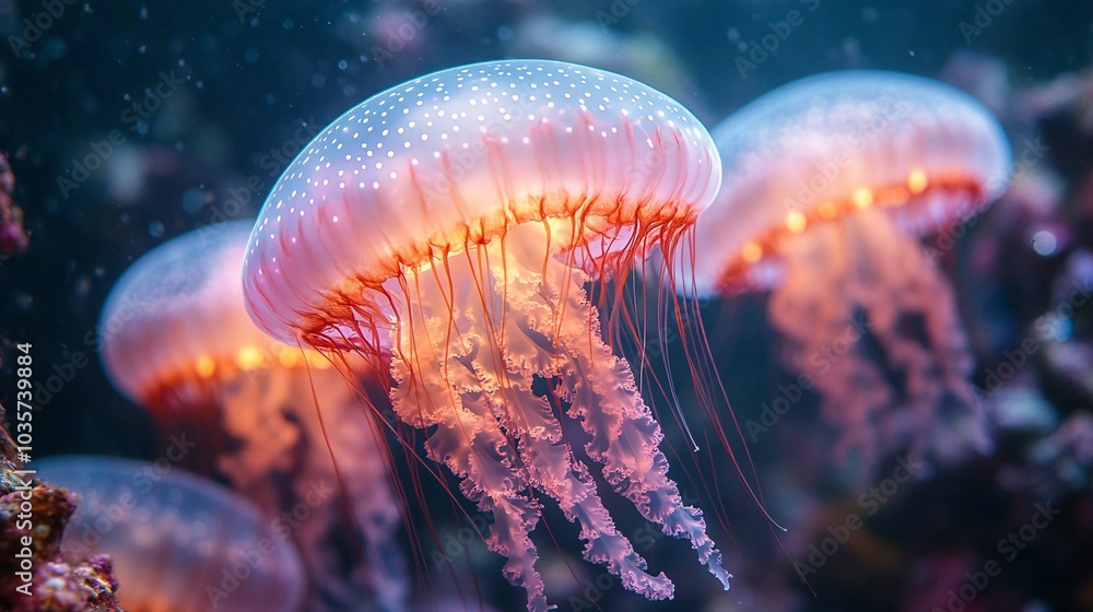 Glowing Jellyfish with Neon Hues in Underwater Scene Glowing Jellyfish with Neon Hues in Underwater Scene