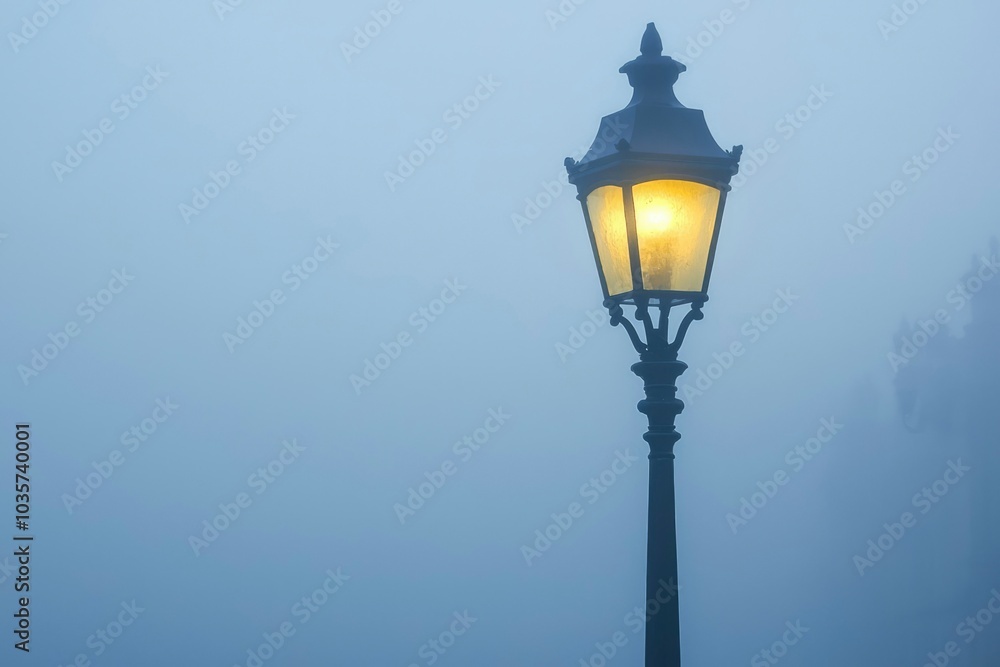 A lone street lamp illuminates a foggy landscape A lone street lamp illuminates a foggy landscape
