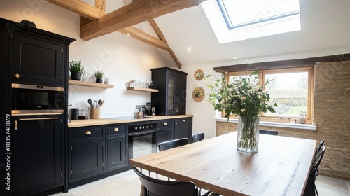 Wallpaper Mural Farmhouse kitchen with modern elements: oak ceiling beams, black cabinets, and a skylight. A small vase of plants brings warmth to the dining table. Torontodigital.ca