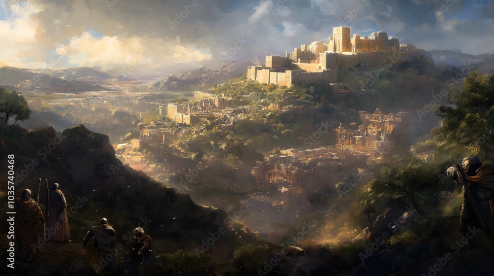 Fototapeta premium Biblical Depiction of a Massive Fortified City on a Hill, Zion Under Siege, Illustrating the Struggles of Faith and the Resilience of Christianity and Biblical Religion