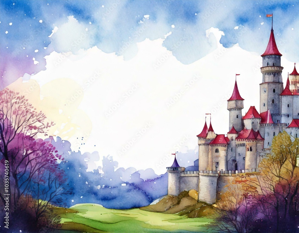 watercolor of a background with a royal castle and copy space watercolor of a background with a royal castle and copy space