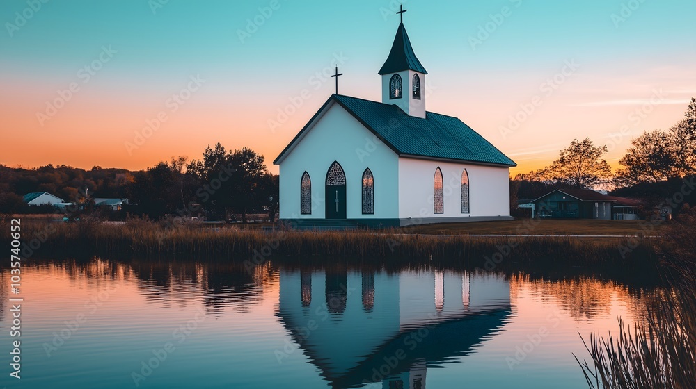 Obraz premium A modern minimalist church located by a peaceful lakeside, featuring large glass windows that seamlessly blend the interior with nature, offering tranquility, natural light, and serene water views.