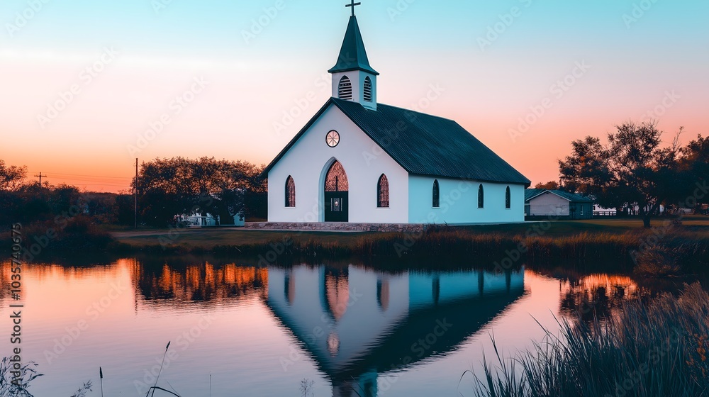 Fototapeta premium A modern minimalist church located by a peaceful lakeside, featuring large glass windows that seamlessly blend the interior with nature, offering tranquility, natural light, and serene water views.