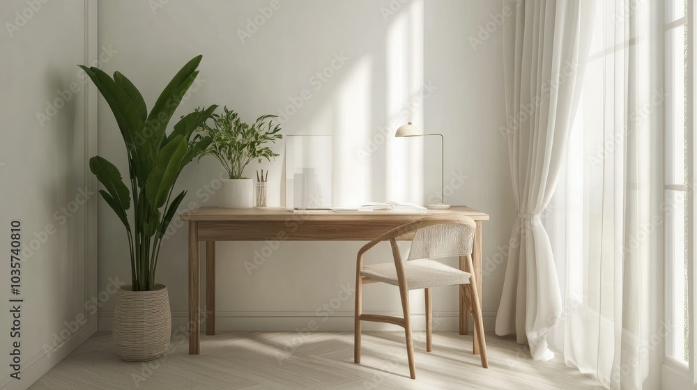 Minimalist home office with a wooden desk, clean white walls, simple decorations, and a potted plant for a touch of nature. A sleek and functional design. Minimalist home office with a wooden desk, clean white walls, simple decorations, and a potted plant for a touch of nature. A sleek and functional design.