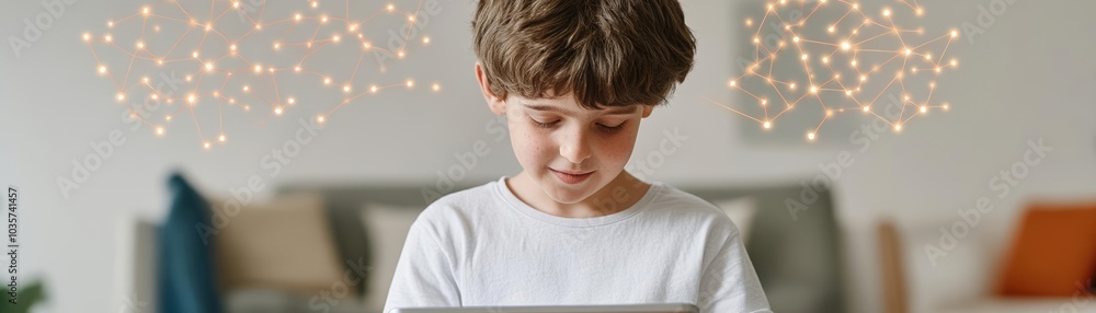 Boy with cerebral palsy communicating through a tablet, illuminated neural network representing cognitive connections, soft warm background Boy with cerebral palsy communicating through a tablet, illuminated neural network representing cognitive connections, soft warm background