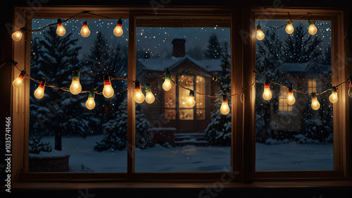 Vintage Christmas Lights Reflecting on Frosted Window