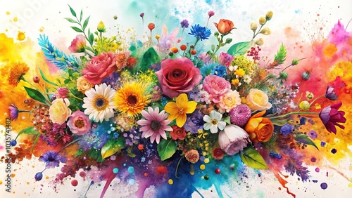 Abstract watercolor floral explosion with vivid color splashes panoramic photo