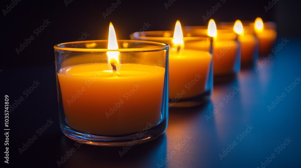 Cozy Candlelight Ambience, Burning Tea Light Candles in Glass Holders, Relaxing Atmosphere, Generated AI