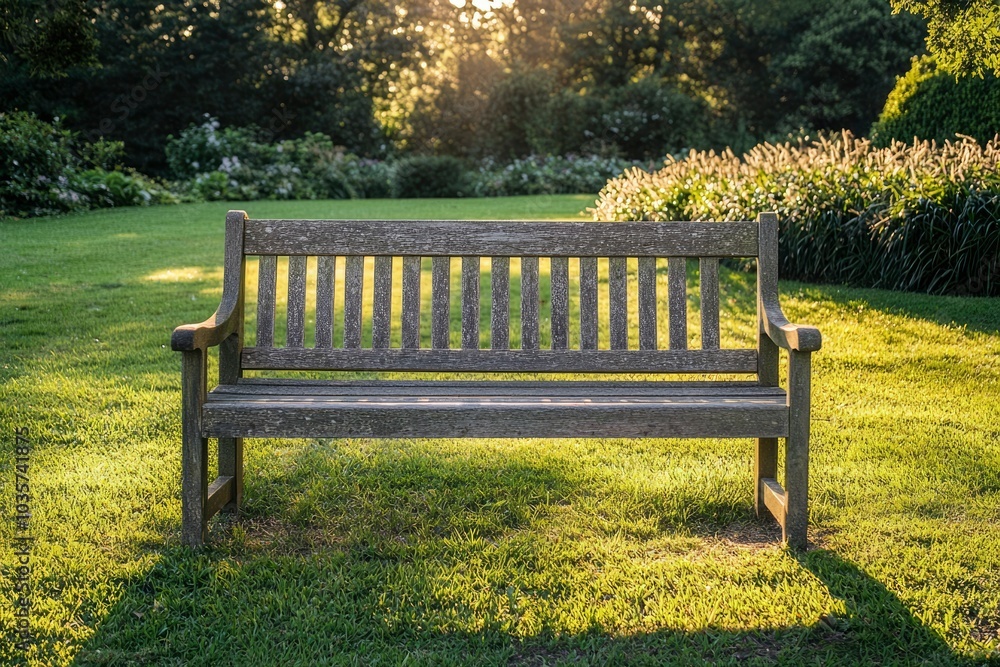 Wooden Bench in a Green Grassy Garden with Sunlight Wooden Bench in a Green Grassy Garden with Sunlight