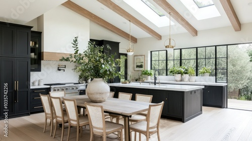Modern kitchen with farmhouse touches: oak ceiling beams, black cabinetry, and a skylight. The dining table features a minimalist vase with plants.