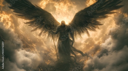 Dark Majesty: Abaddon, the Angel of the Abyss, Portrayed as a Humanoid with Vast Wings and a Menacing Weapon photo