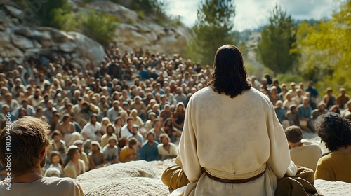 Biblical Scene: Rear View of Jesus Christ Addressing a Crowd of People – A Religious Representation of Christianity