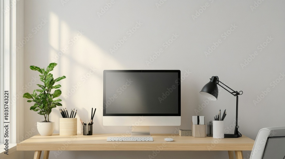 Simple, modern home office featuring a light wood desk, minimalistic accessories, and a potted plant. The design is focused on functionality and style. Simple, modern home office featuring a light wood desk, minimalistic accessories, and a potted plant. The design is focused on functionality and style.