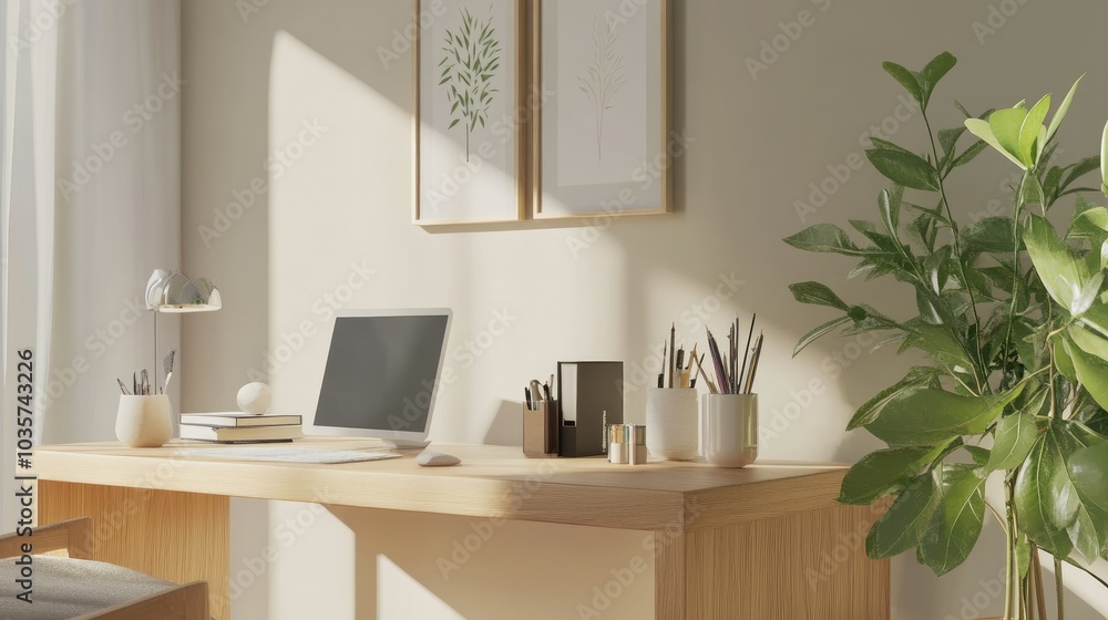 Simple, modern home office featuring a light wood desk, minimalistic accessories, and a potted plant. The design is focused on functionality and style. Simple, modern home office featuring a light wood desk, minimalistic accessories, and a potted plant. The design is focused on functionality and style.