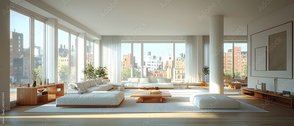 Modern bright living room with large windows, featuring minimalist furniture including a low sofa, soft cushions, and wooden accents, creating a serene atmosphere. Modern bright living room with large windows, featuring minimalist furniture including a low sofa, soft cushions, and wooden accents, creating a serene atmosphere.
