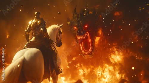 The Rider on the White Horse Dressed in Shining Armor Fighting a Fiery Demonic Beast - A Powerful Symbolic Biblical Battle Between Good and Evil photo