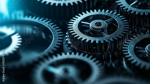 A close-up view of intricate metallic gears interlocked, showcasing their detailed teeth and reflective surfaces against a soft blue background.