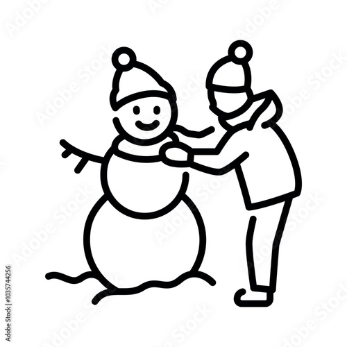 Boy is sculpting a snowman color line icon. Vector illustration