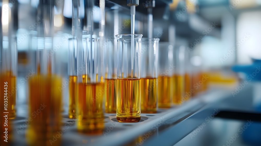 A detailed shot of polymer samples being tested for chemical resistance in a petrochemical research lab. A detailed shot of polymer samples being tested for chemical resistance in a petrochemical research lab.