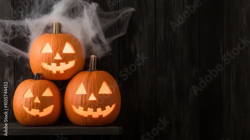 Three glowing jack-o'-lanterns stacked together, adorned with spooky spiderwebs, creating a festive Halloween atmosphere. photo