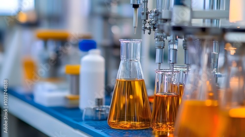 A detailed shot of polymer testing equipment in use by scientists in a petrochemical research lab.