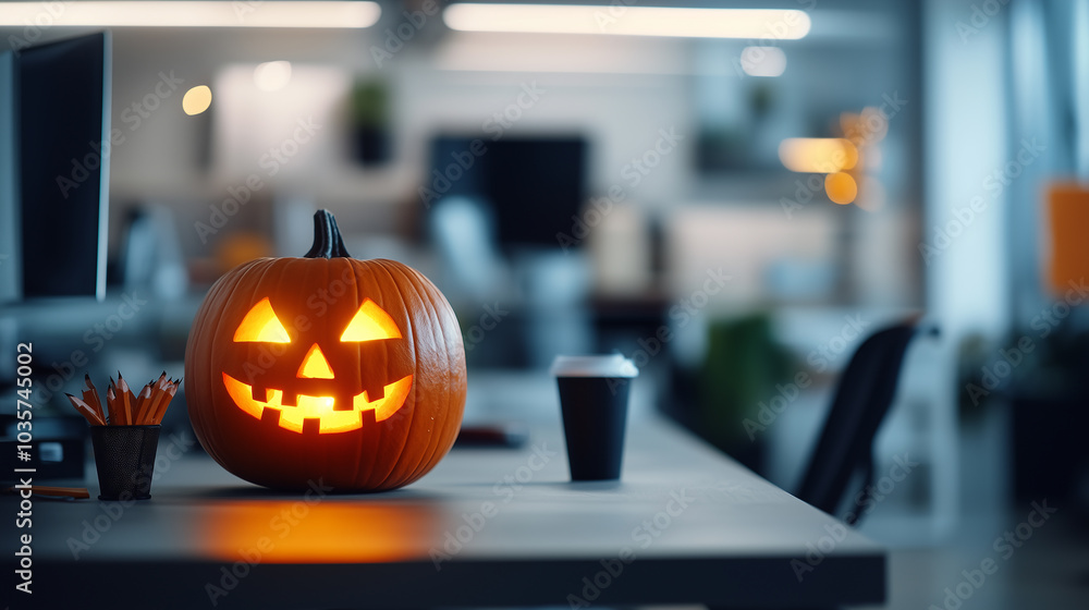 freelancer's workspace with Jack-o'-lantern on desk. Banner with copy space Halloween, focusing on remote work from home freelancer's workspace with Jack-o'-lantern on desk. Banner with copy space Halloween, focusing on remote work from home